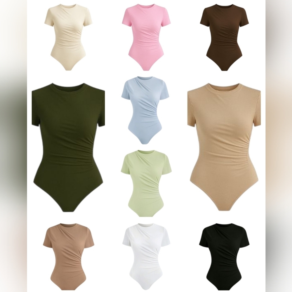 NWOT: Blue, Elegant, ruched, short sleeve, snap closure, bodysuits (10 Colors) - Picture 2 of 13